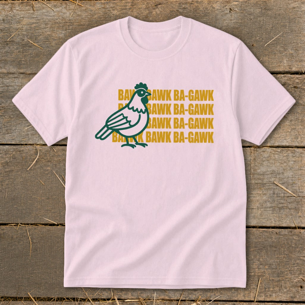 Pink t-shirt with green chicken graphic and repeating "BAWK BA-GAWK" text.