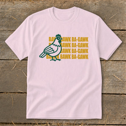 Pink t-shirt with green chicken graphic and repeating "BAWK BA-GAWK" text.
