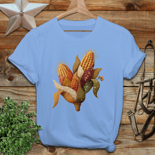 Colorful Corn Harvest Art on Blue Shirt product