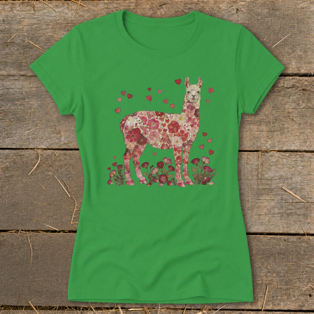 Green t-shirt with a floral llama design surrounded by hearts and flowers.