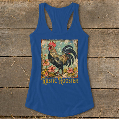 Blue tank top with a rooster and floral graphic that says "Rustic Rooster".