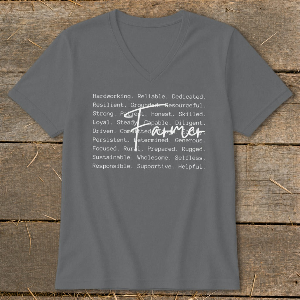 Grey v-neck t-shirt with "Farmer" and descriptive words printed on the front.