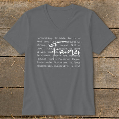 Grey v-neck t-shirt with "Farmer" and descriptive words printed on the front.