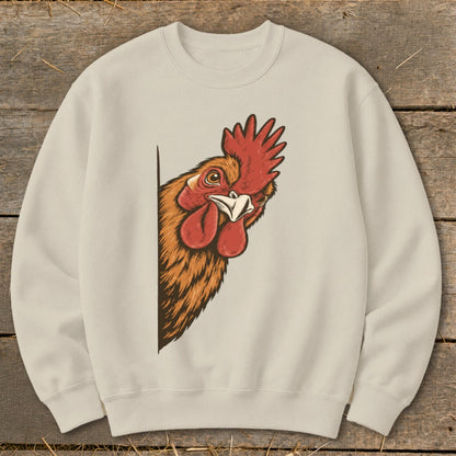 Cream crewneck sweatshirt with a peeking rooster illustration on the left chest.