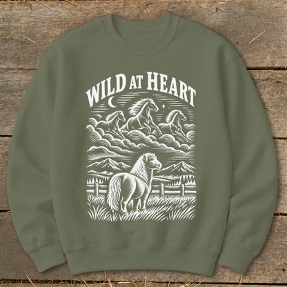 Olive sweatshirt with a white graphic of horses and text "WILD AT HEART".