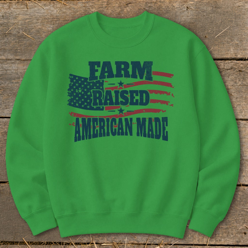 Green sweatshirt with distressed American flag and text "FARM RAISED AMERICAN MADE".