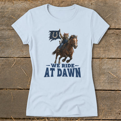 Cat riding horse holding Colts flag with text "We Ride At Dawn"