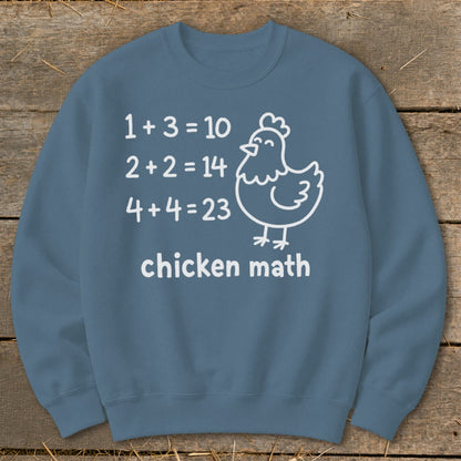 Blue sweatshirt with white text and drawing: "chicken math" with funny math equations.