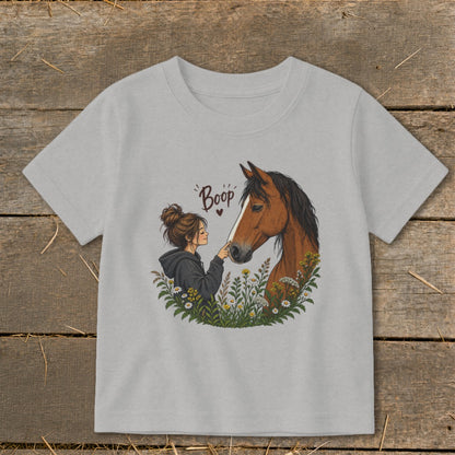 Girl gently touching a horse's nose with "Boop" written above.