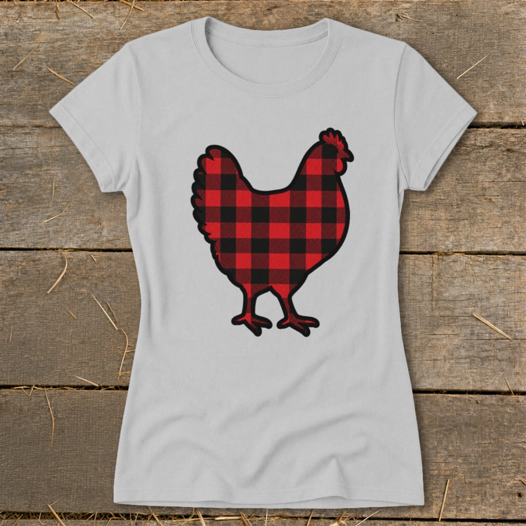 Light gray t-shirt with a red and black buffalo plaid chicken graphic.