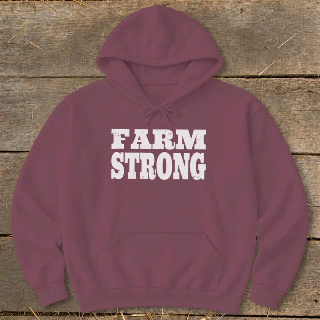 Maroon hooded sweatshirt with a front pouch pocket and white distressed FARM STRONG text.