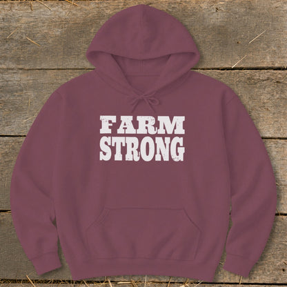 Maroon hooded sweatshirt with a front pouch pocket and white distressed FARM STRONG text.