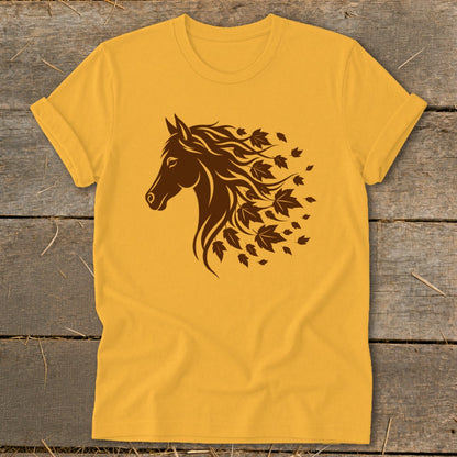 Brown horse head with flowing mane made of leaves on a yellow t-shirt.