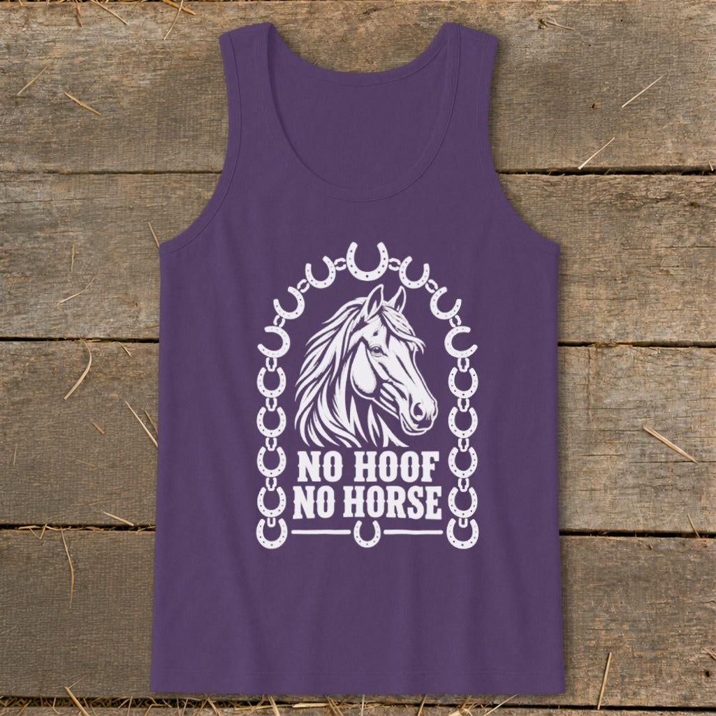 Purple tank top with white horse head graphic and "NO HOOF NO HORSE" text.