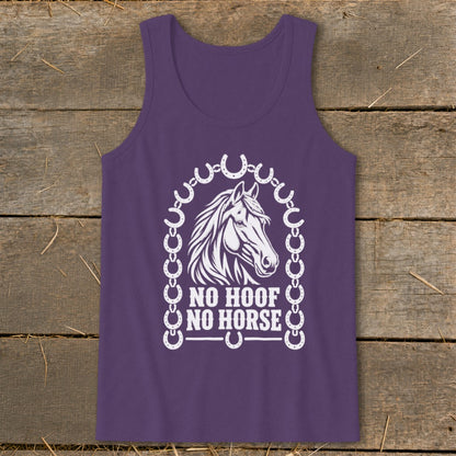 Purple tank top with white horse head graphic and "NO HOOF NO HORSE" text.