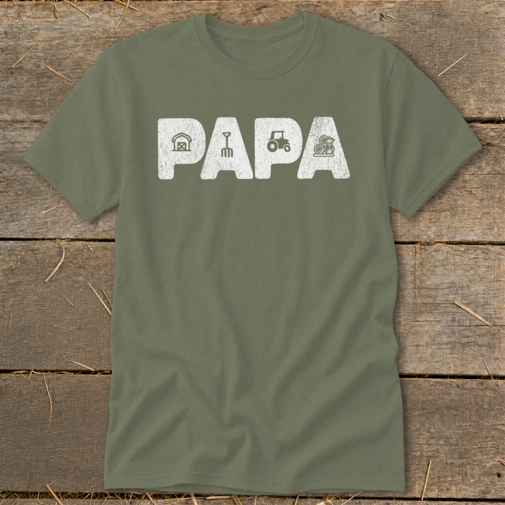 Olive green t-shirt with white text "PAPA" and farm icons.