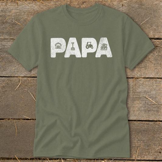 Olive green t-shirt with white text "PAPA" and farm icons.