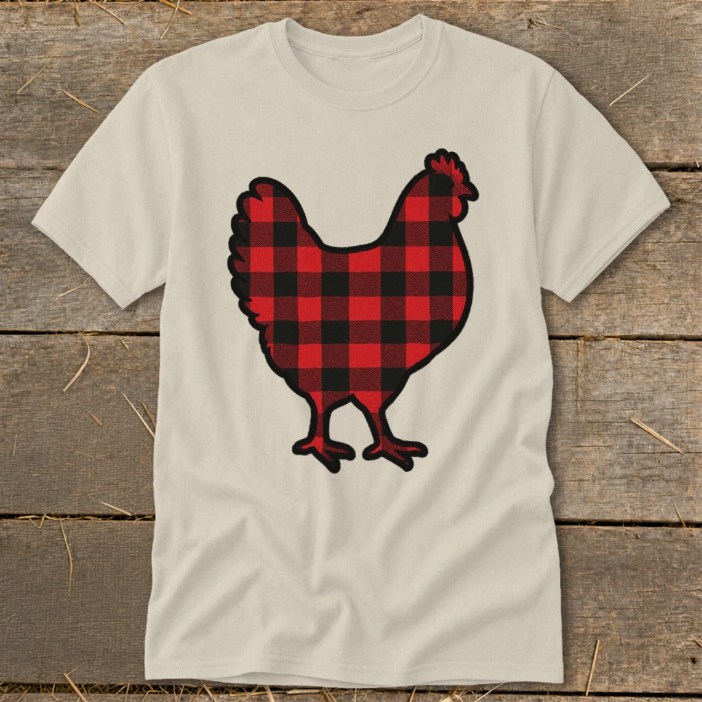 Tan t-shirt with a red and black buffalo plaid chicken graphic.