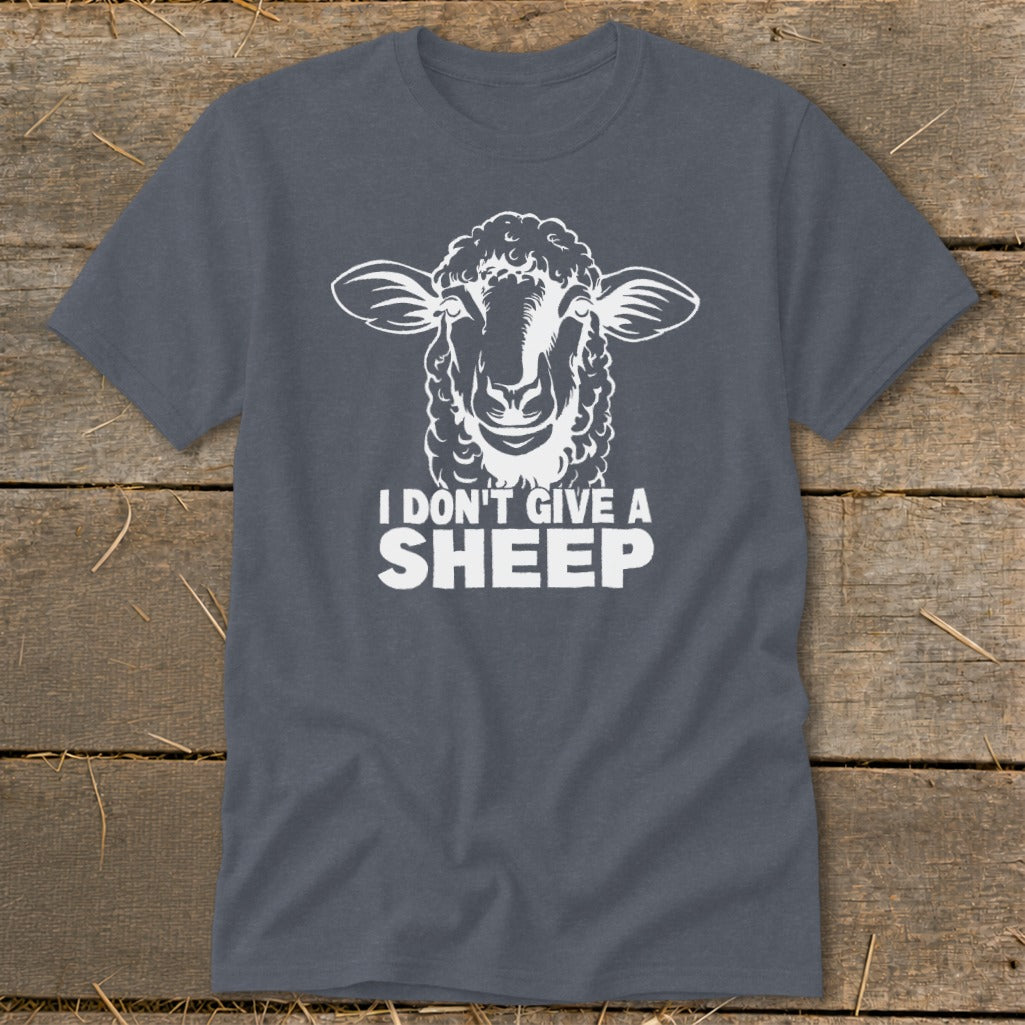 Dark gray t-shirt with white graphic of a sheep and text "I DON'T GIVE A SHEEP".