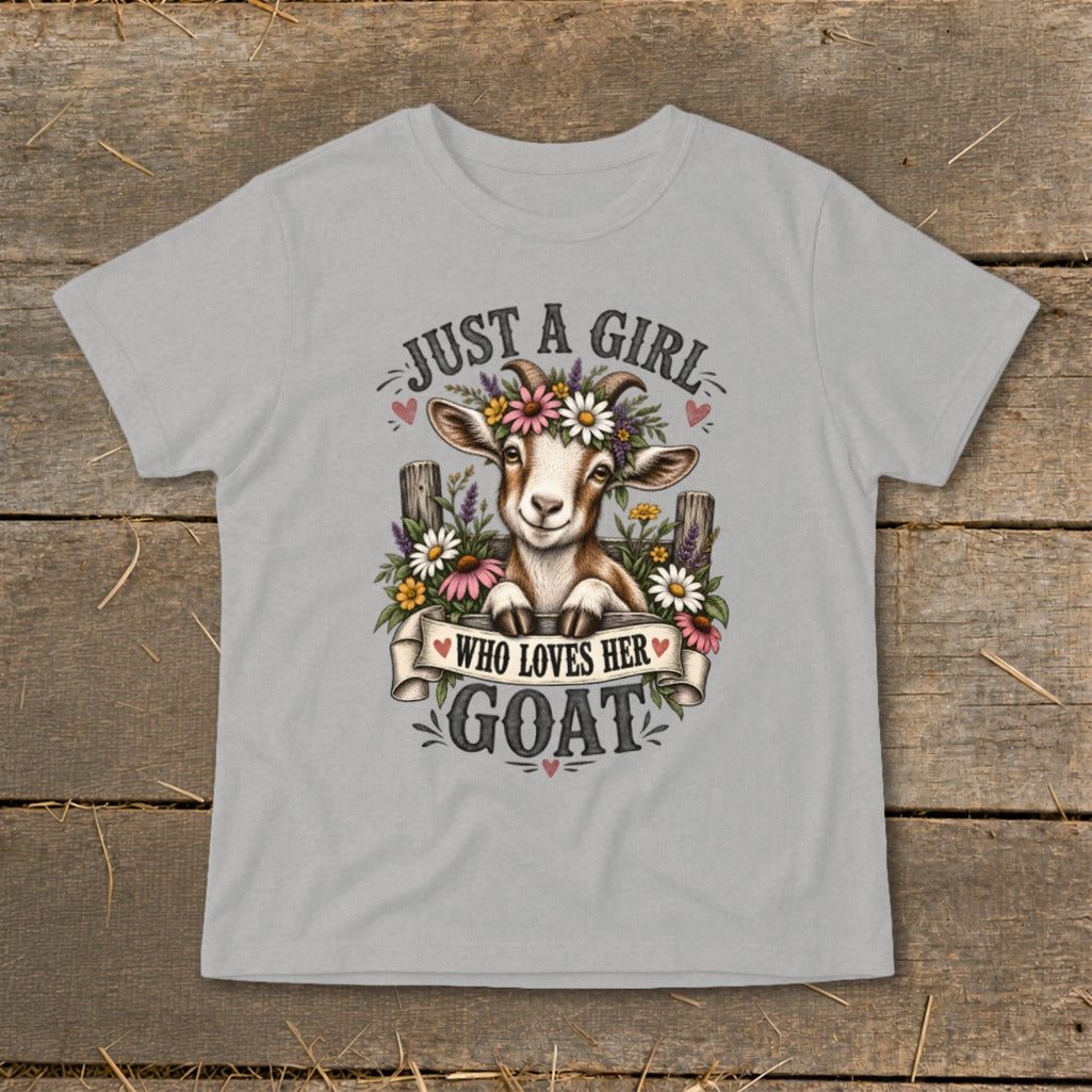 Light grey t-shirt with a goat wearing a flower crown and text "Just a girl who loves her goat".