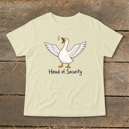 Light yellow t-shirt with a cartoon goose and the words "Head of Security".