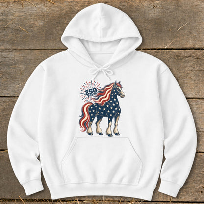 White hoodie with American flag themed horse graphic and "250 years" text.