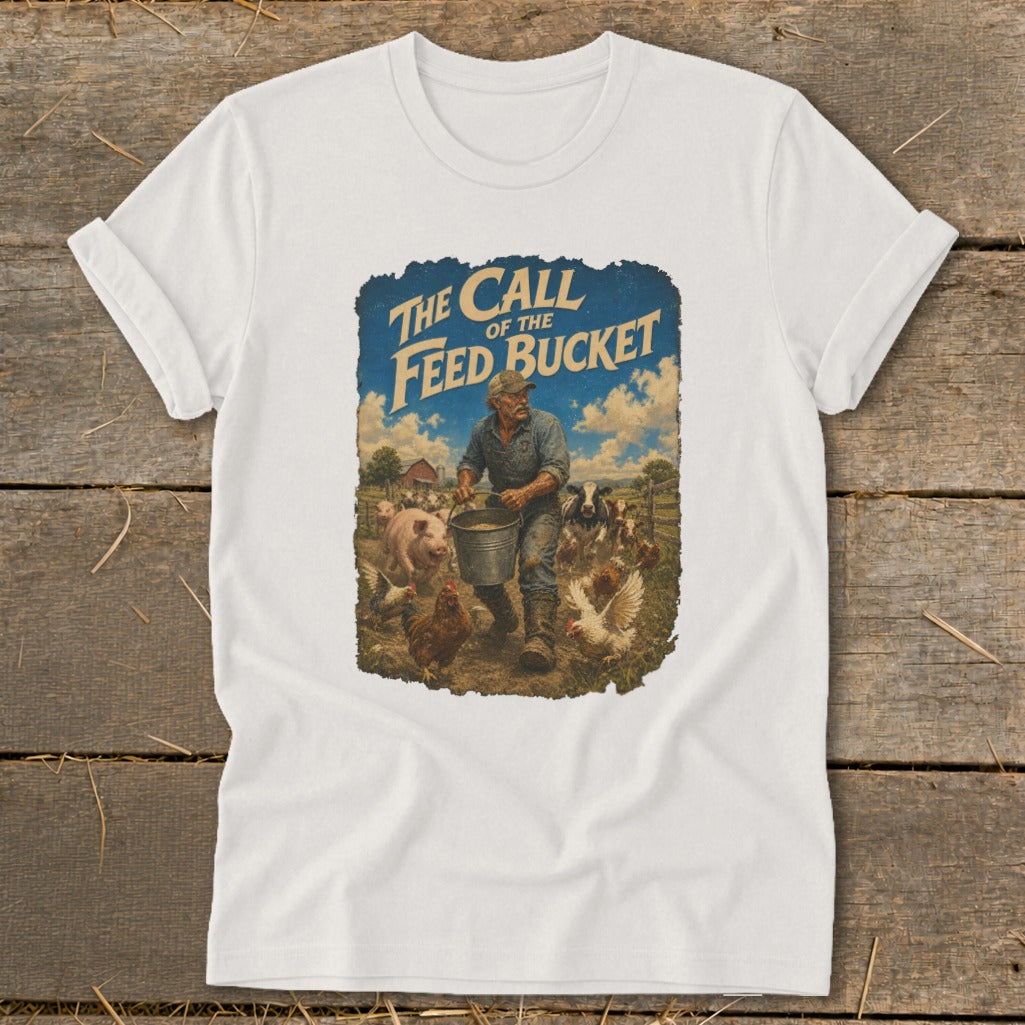 White t-shirt featuring a farm scene with "The Call of the Feed Bucket" text.