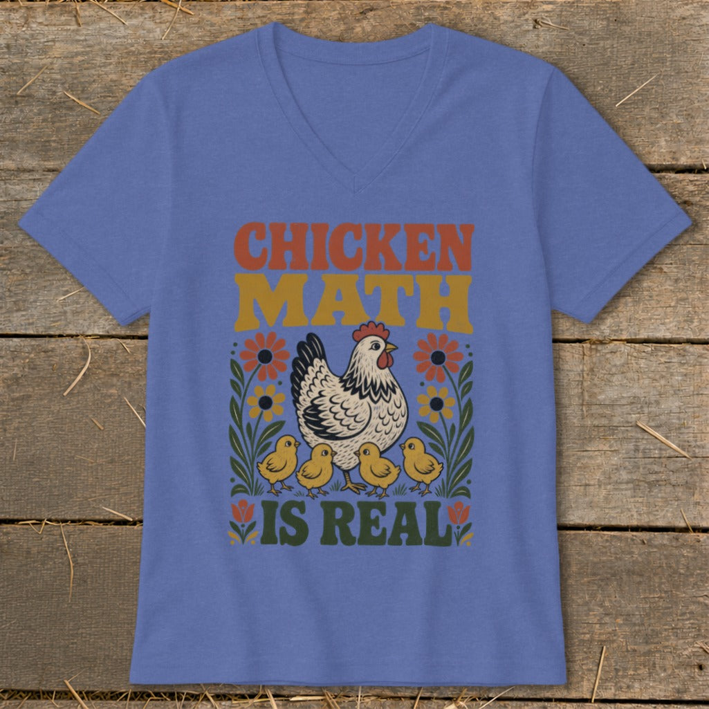Chicken Math Is Real graphic on a blue v-neck t-shirt with hen and chicks.