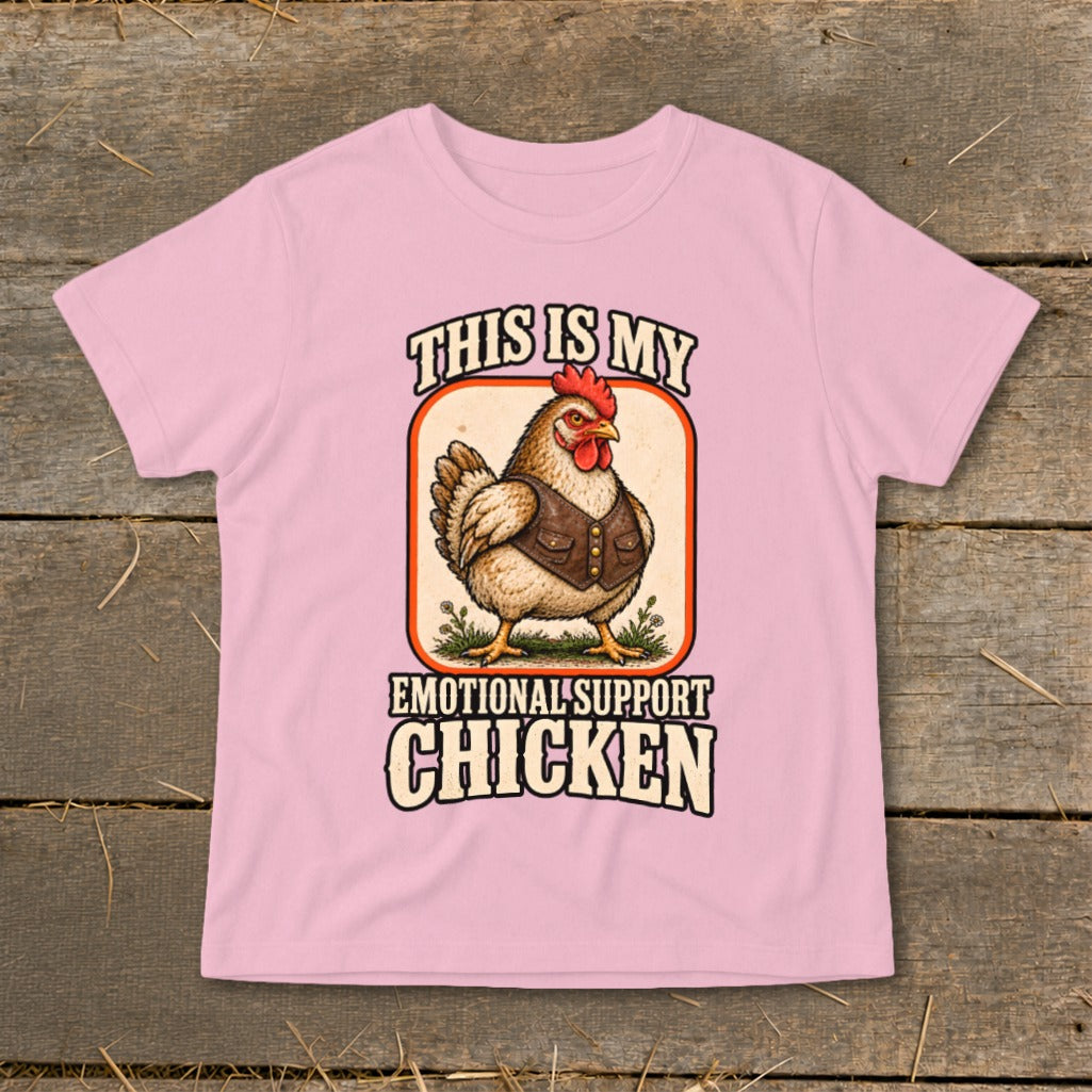 Pink t-shirt with a chicken graphic and "This is my emotional support chicken" text.