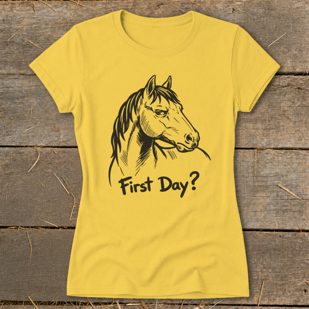 Yellow t-shirt with a black line drawing of a horse's head and "First Day?" text.
