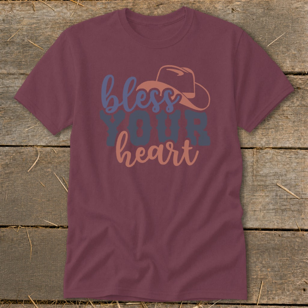 Maroon t-shirt with "bless YOUR heart" text and cowboy hat graphic.
