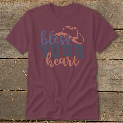 Maroon t-shirt with "bless YOUR heart" text and cowboy hat graphic.