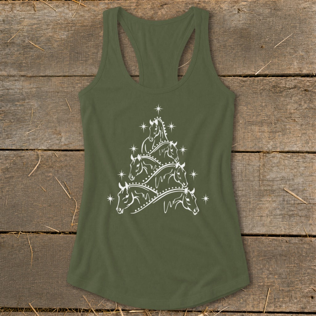 Olive green tank top with white horse Christmas tree graphic.
