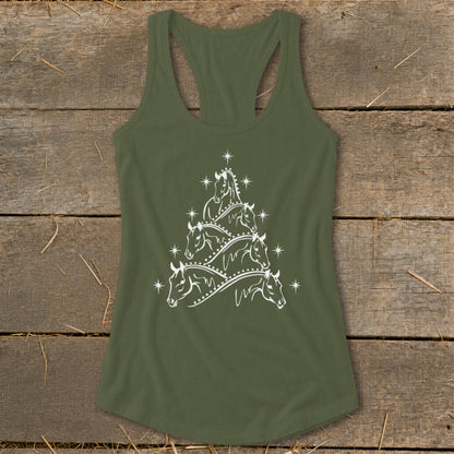 Olive green tank top with white horse Christmas tree graphic.