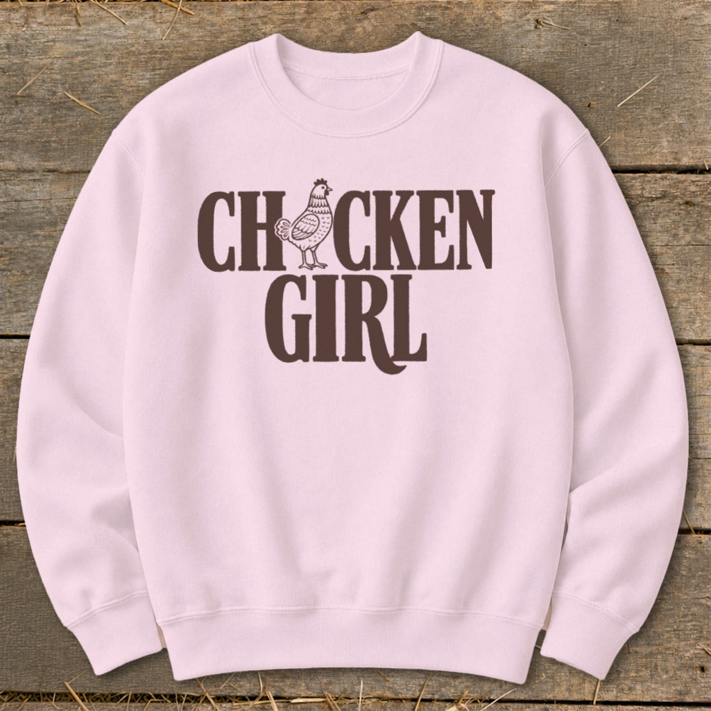 Pink sweatshirt with "CHICKEN GIRL" text and a chicken graphic.