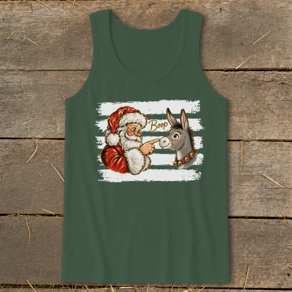 Santa boops a donkey on the nose with the word "Boop" above them.