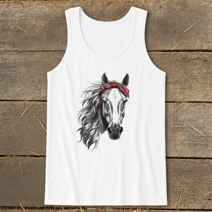 White tank top with a black and white drawing of a horse wearing a red bandana.