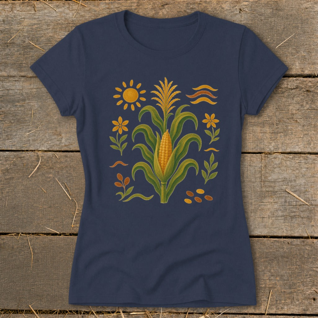 Navy t-shirt with a corn stalk illustration and surrounding floral elements.