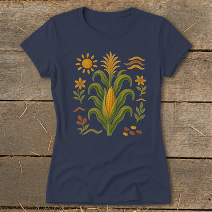 Navy t-shirt with a corn stalk illustration and surrounding floral elements.