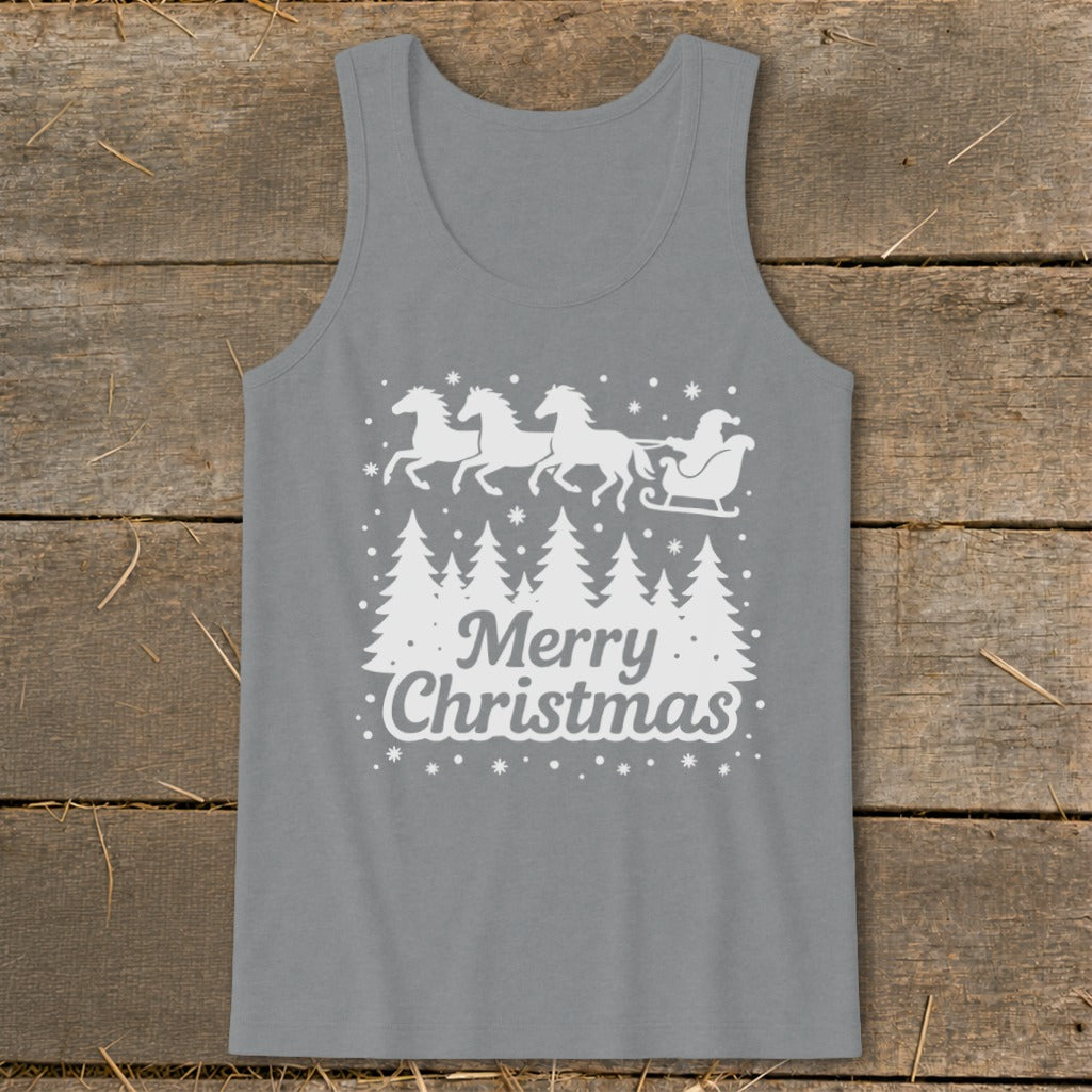 Gray tank top with white horse-drawn sleigh and Merry Christmas text.