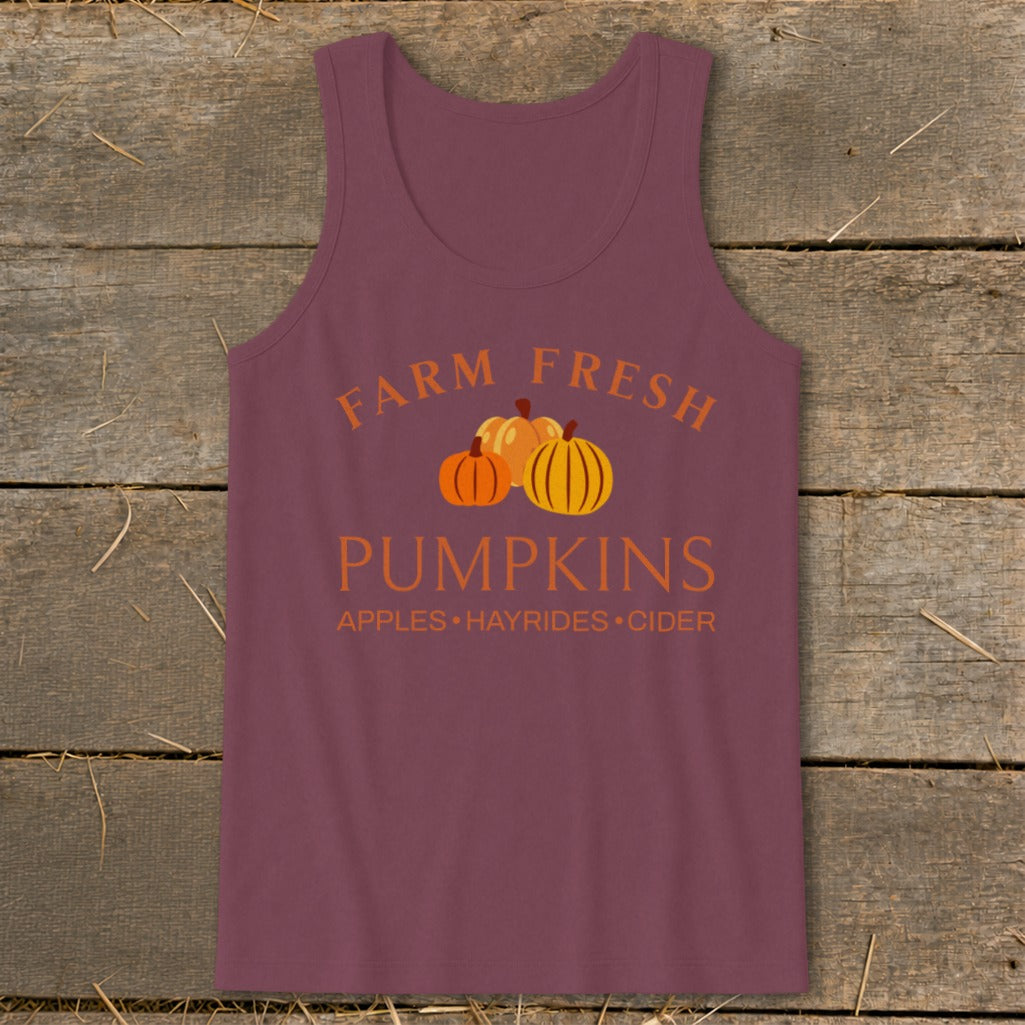 Burgundy tank top with "Farm Fresh Pumpkins" text and pumpkins graphic.