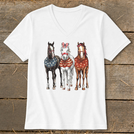 Three horses with patriotic bandanas and bows on a white t-shirt.