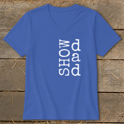 Blue v-neck t-shirt with white vertical text "SHOW" and "dad".