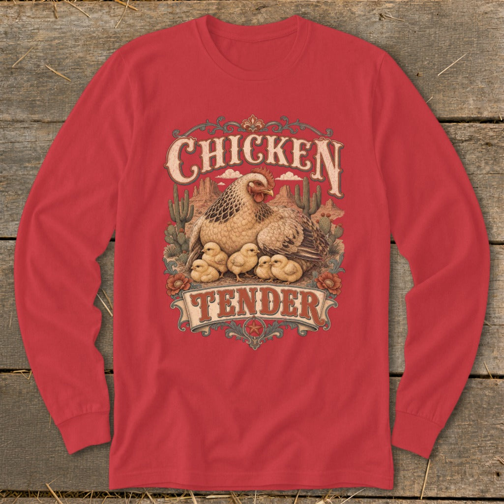 Red long sleeve shirt with a hen and chicks graphic reading "Chicken Tender".