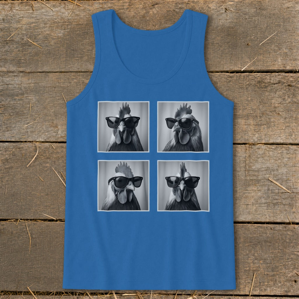 Blue tank top featuring a four-panel print of a rooster wearing sunglasses.
