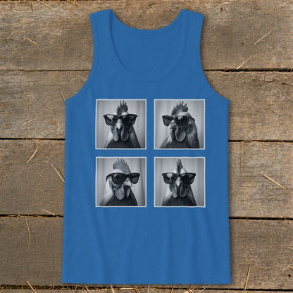 Blue tank top featuring a four-panel print of a rooster wearing sunglasses.