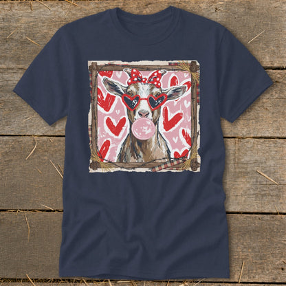 Goat wearing heart sunglasses and a red bow chewing bubblegum with hearts background.