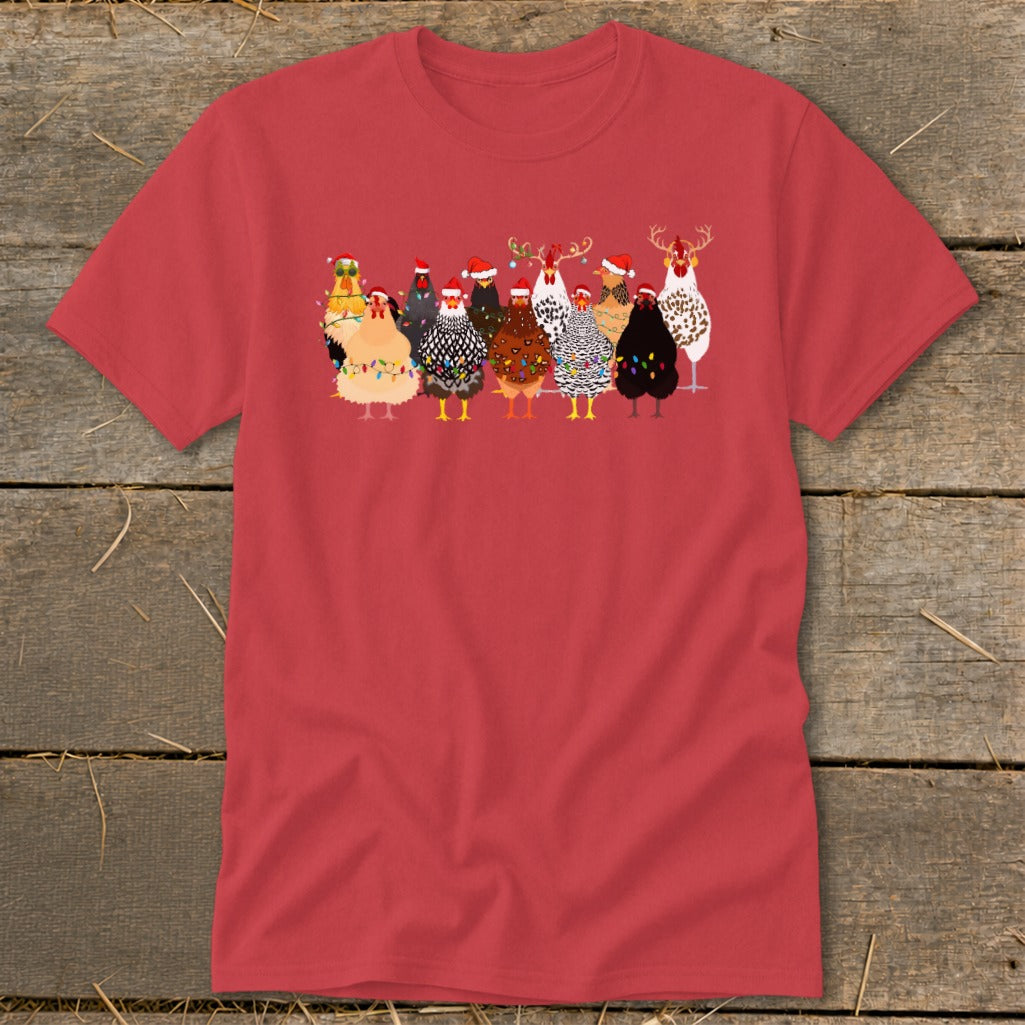 Group of chickens wearing Santa hats and Christmas lights.