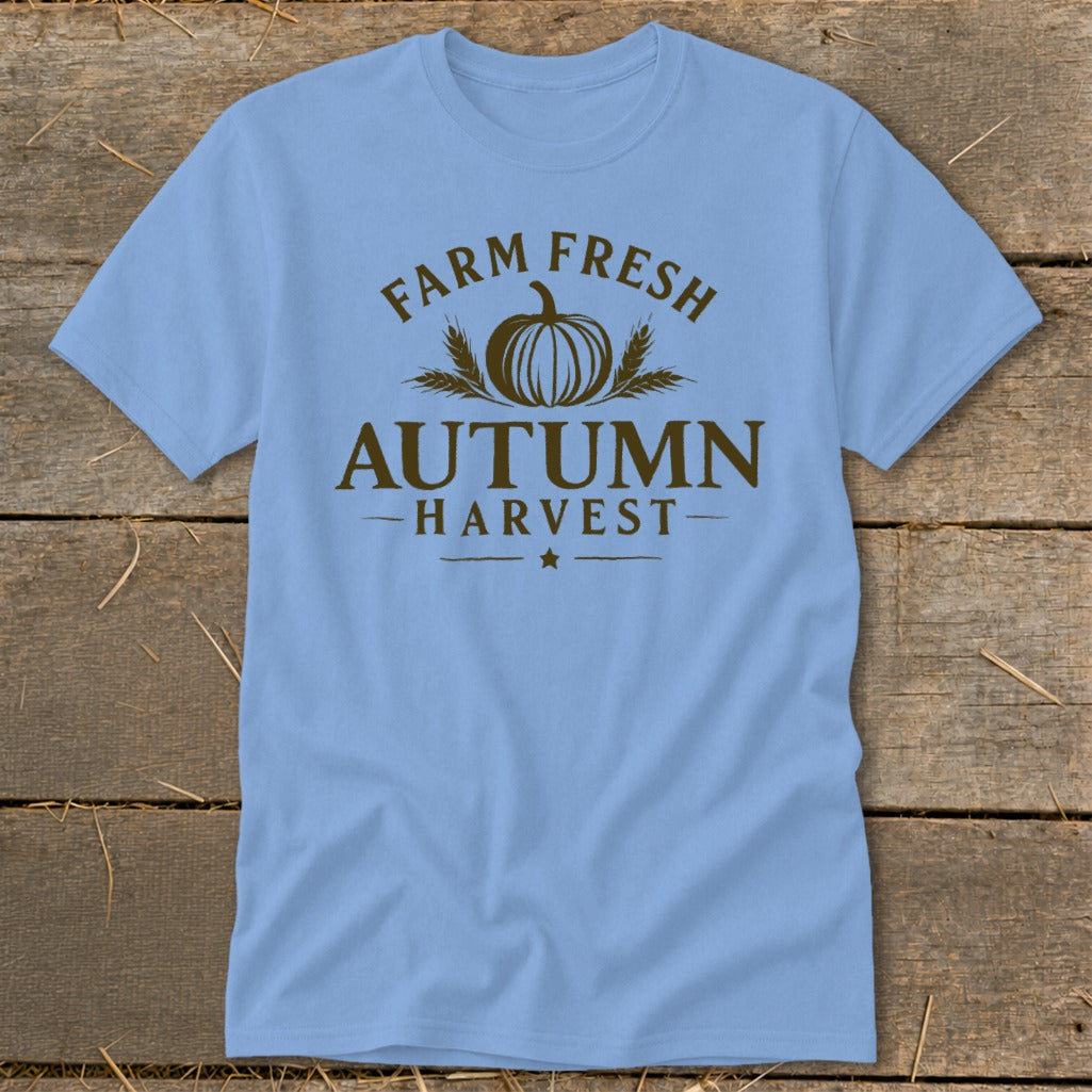 Light blue t-shirt with "Farm Fresh Autumn Harvest" text and pumpkin graphic.