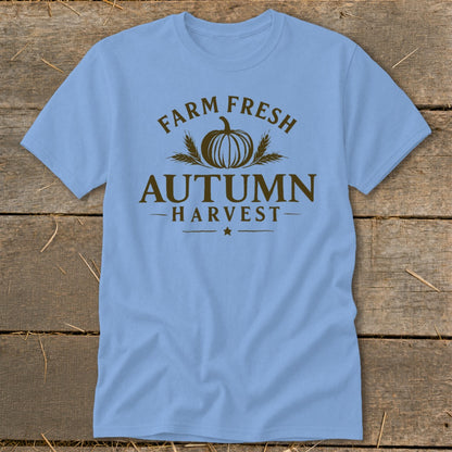 Light blue t-shirt with "Farm Fresh Autumn Harvest" text and pumpkin graphic.